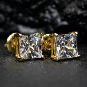 Small Unisex Yellow Gold Plated 925 Sterling Silver Princess Cut Stud Earrings